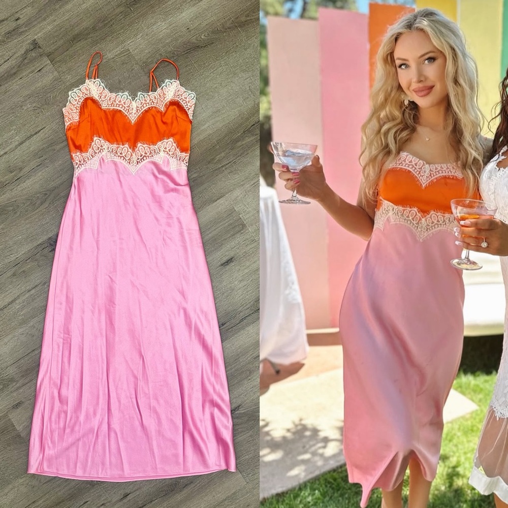 Pink & Orange Lace-Trim Midi Slip Dress